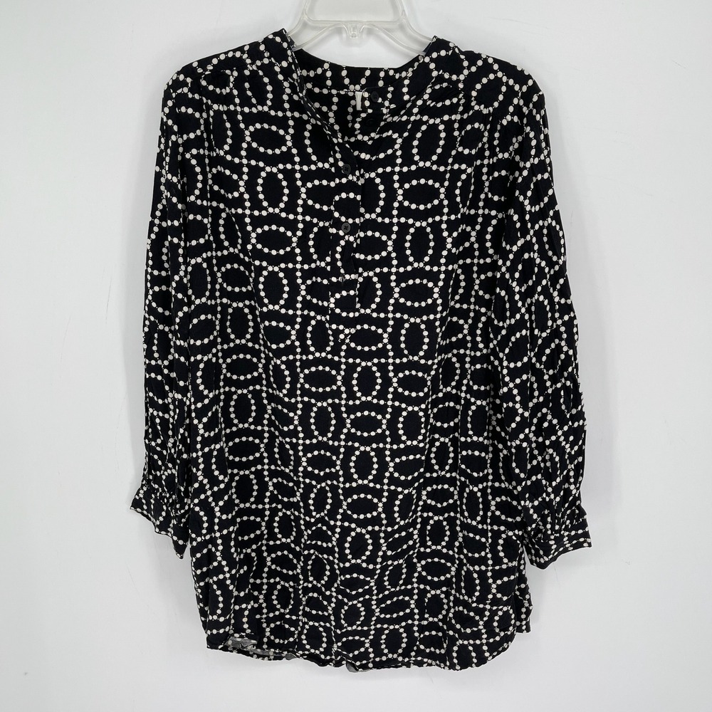 H&M Women's Black Geometric Dot Print Henley Long Sleeve Office Blouse Size M